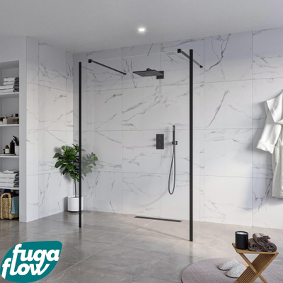 FugaFlow Eccelente Vetro Vrijstaande inloopdouche badkamer - 140x200cm - Helder - antikalk - 8mm veiligheidsglas - 2 zijwanden 30cm - met wandarmen en hoekprofielen - Zwart mat -