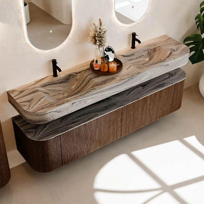 MONDIAZ THOR-DLUX Meuble de salle de bains 190cm arrondi gauche + droite couleur Walnut avec 2 tiroirs et 2 portes. Vasque suspendue CLOUD Double 2 trous de robinet couleur Sombra.