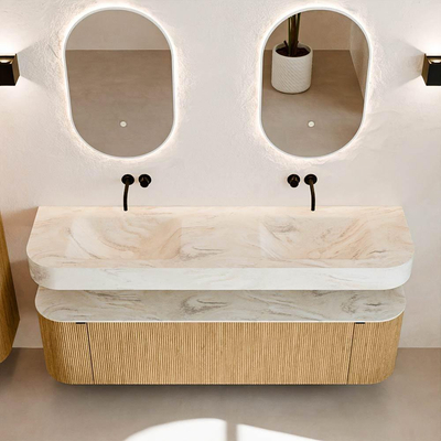 MONDIAZ THOR-DLUX 170cm badmeubel ronding links + rechts kleur Oak met 1 lade en 2 deuren. Vrijhangende wastafel CLOUD Dubbel zonder kraangat kleur Ostra.