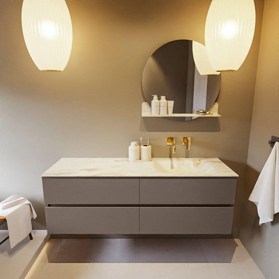 Mondiaz VICA-DLUX ensemble de meuble de salle de bain - 150cm - meuble sous-vasque fumée - 4 tiroirs - lavabo encastré nuage droite - sans trous de robinet - version haute de 60cm - opalo