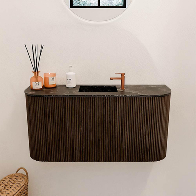 Mondiaz JOYA-DLUX 83.2cm meuble de salle de bains avec WC - arrondis gauche et droite couleur Noyer - Vasque FAYE position Milieu 1 trou de robinet couleur Lava