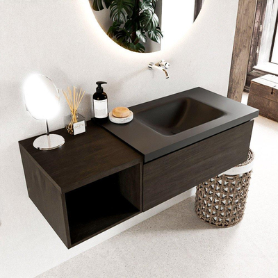 MONDIAZ BUKLA 120cm badmeubel met open module 40 kleur Dark Brown met 1 lade. Wastafel CLOUD rechts 0 kraangaten kleur Urban.