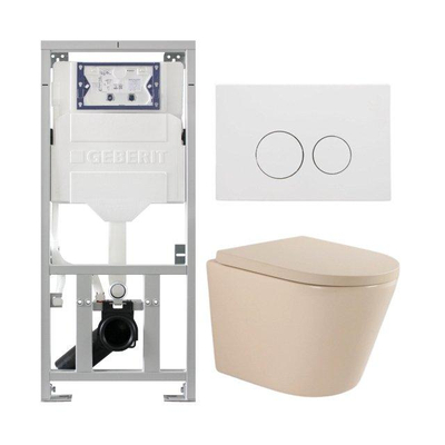 QeramiQ Dely Ensemble de WC - 36.3x51.7cm - évacuation profonde - sans rebord - réservoir encastré Geberit UP320 - abattant de WC softclose 35 mm - plaque de commande blanche mate - boutons ronds - beige mat