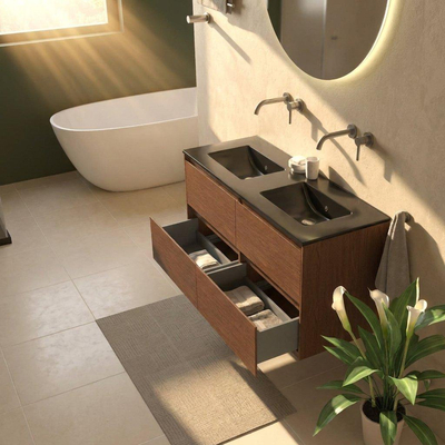Saniclass Holz Pure Ensemble de meubles de salle de bains - 120x45x62cm - Lavabo en céramique Vygo noir - 2 vasques - sans trous de robinetterie - 4 tiroirs - noyer pure mat (bois)