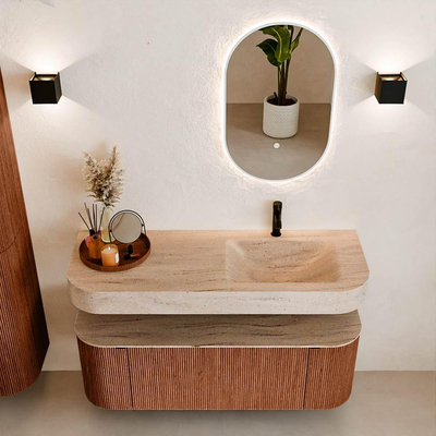 MONDIAZ THOR-DLUX 130cm meuble de salle de bains arrondi gauche + droite couleur Ruby avec 1 tiroir et 2 portes. Vasque suspendue CLOUD Droite 1 trou de robinet couleur Saba.