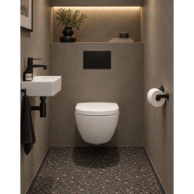 QeramiQ Dely Swirl Compact Toiletset - inbouwreservoir QeramiQ flush - 25mm zitting - metalen bedieningsplaat mat zwart - ronde knoppen - glans wit