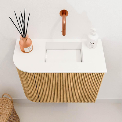 Mondiaz JOYA 51.6cm toiletmeubel - ronding links kleur Oak - Wastafel FAYE positie Rechts Zonder kraangat kleur Talc.