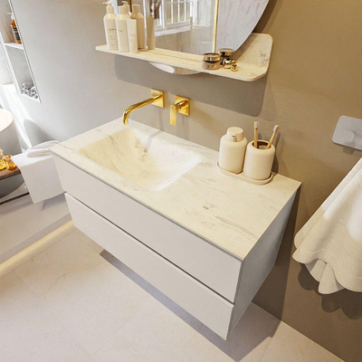 Mondiaz VICA-DLUX ensemble de meuble de salle de bain - 100cm - meuble sous-vasque lin - 2 tiroirs - lavabo encastré cloud gauche - sans trous de robinet - miroir modèle spot - version XL 60cm haut - opalo