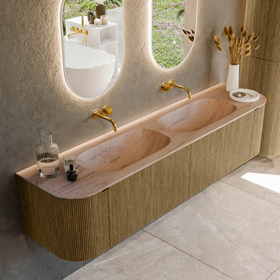 MONDIAZ KURVE-DLUX Meuble de salle de bains 190cm arrondi Gauche + Droite couleur Dusk avec 2 tiroirs et 2 portes. Plan-vasque STOR SMALL Double sans trou de robinet Saba.