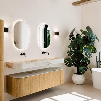 MONDIAZ THOR-DLUX 160cm meuble de salle de bains arrondi gauche + droite couleur Oak avec 1 tiroir et 2 portes. Vasque suspendue CLOUD Double sans trou de robinet couleur Frappe.