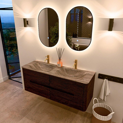 Mondiaz CIRO-DLUX Badkamermeubelset - 130x45x50cm - Solid surface wastafel Oza - 2 wasbak Dubbel - 2 kraangaten - 4 lades - Walnut