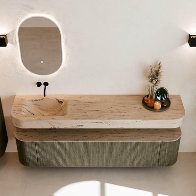 MONDIAZ THOR-DLUX Meuble de salle de bains 190cm arrondi gauche + droite couleur Shadow avec 2 tiroirs et 2 portes. Vasque suspendue CLOUD Gauche sans trou de robinet couleur Arena.