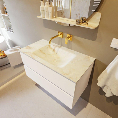 Mondiaz VICA-DLUX Ensemble de meuble de salle de bain - 90cm - meuble sous-vasque talc - 2 tiroirs - lavabo encastrée cloud milieu - sans trous de robinet - version haute de 60cm - frape