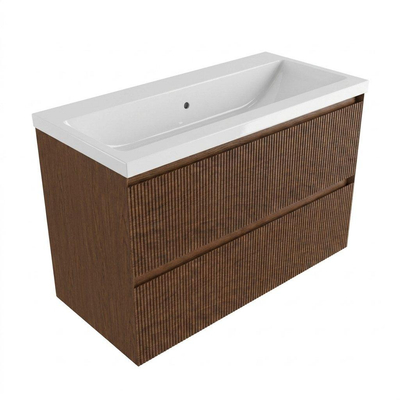 Saniclass Holz Atelier Ensemble meuble de salle de bains - 100x45x63.5cm - lavabo Bari en céramique blanc - 1 vasque - sans trou de robinetterie - 2 tiroirs - walnut pure mat (bois)