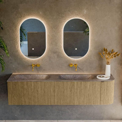MONDIAZ KURVE-DLUX 175cm meuble de salle de bains arrondi Droite couleur Dusk avec 2 tiroirs et 1 porte. Lavabo STOR SMALL Double / Gauche sans trou de robinet Oza.