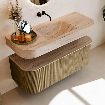 MONDIAZ THOR-DLUX 120cm meuble de salle de bains arrondi gauche + droite couleur Dusk avec 1 tiroir et 2 portes. Vasque suspendue CLOUD Milieu sans trou de robinet couleur Saba.