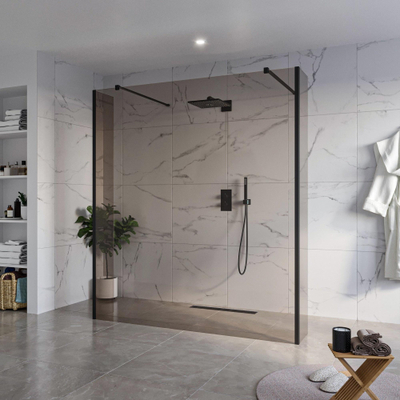 FugaFlow Eccelente Vetro Vrijstaande inloopdouche badkamer - 180x200cm - Rookglas - antikalk - 8mm veiligheidsglas - 2 zijwanden 30cm - met wandarmen en hoekprofielen - Zwart mat -