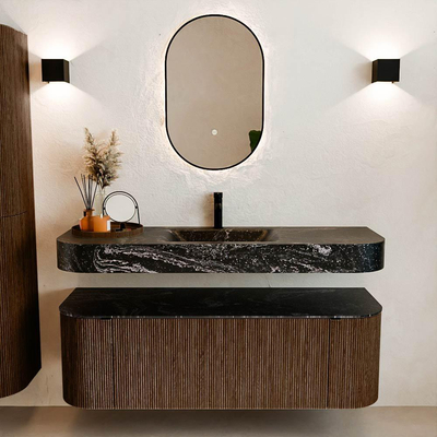 MONDIAZ THOR-DLUX 140cm badmeubel ronding links + rechts kleur Walnut met 1 lade en 2 deuren. Vrijhangende wastafel CLOUD Midden 1 kraangat kleur Lava.