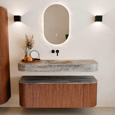 MONDIAZ THOR-DLUX 130cm badmeubel ronding links + rechts kleur Ruby met 1 lade en 2 deuren. Vrijhangende wastafel CLOUD Midden zonder kraangat kleur Oza.