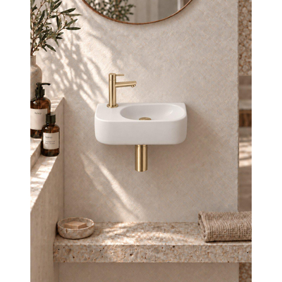 QeramiQ Fuente pack lave-mains – 40 x 21,5 x 12 cm – céramique blanc mat – perçage à gauche – robinet doré brossé
