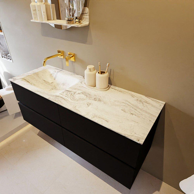 Mondiaz VICA-DLUX ensemble de meuble de salle de bain - 130cm - meuble sous-vasque urbain - 4 tiroirs - lavabo encastré cloud gauche - sans trous de robinet - version haute de 60cm - glace