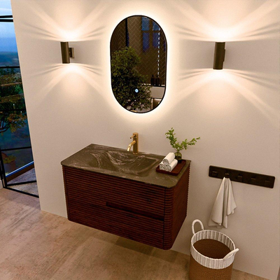 Mondiaz CIRO-DLUX Meuble de salle de bains - 90x45x50cm - Lavabo solid surface Lava - 1 vasque au milieu - 1 trou de robinet - 2 tiroirs - Ruby