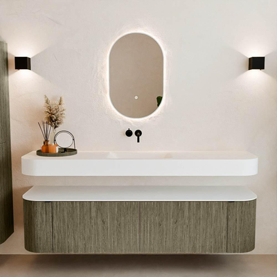 MONDIAZ THOR Meuble de salle de bains - 180cm - arrondi gauche + droite - couleur Shadow - 2 tiroirs et 2 portes - Vasque suspendue CLOUD Milieu sans trou de robinet - couleur Talc