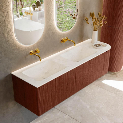 Mondiaz KURVE-DLUX Ensemble de meubles de salle de bains - 155x46x40cm - 2 tiroirs - 1 porte - lavabo solid surface - double / gauche - sans trou de robinet - Ruby