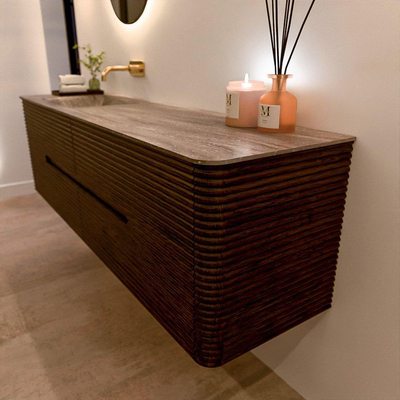 Mondiaz CIRO-DLUX Meuble de salle de bains - 170x45x50cm - Plan vasque Solid surface Oza - 1 lavabo à gauche - sans trous de robinet - 4 tiroirs - Noyer