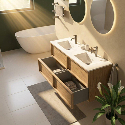 Saniclass Holz Frame Ensemble de meubles de salle de bains - 140x45x62cm - Vygo lavabo en céramique blanc - 2 vasques - 2 trous de robinetterie - 4 tiroirs - chêne natural brillant (bois)