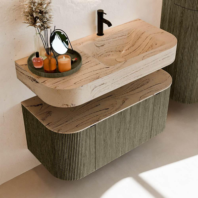 MONDIAZ THOR-DLUX 100cm meuble de salle de bains arrondi gauche + droite couleur Shadow avec 1 tiroir et 2 portes. Vasque suspendue CLOUD Droite 1 trou de robinet couleur Arena.