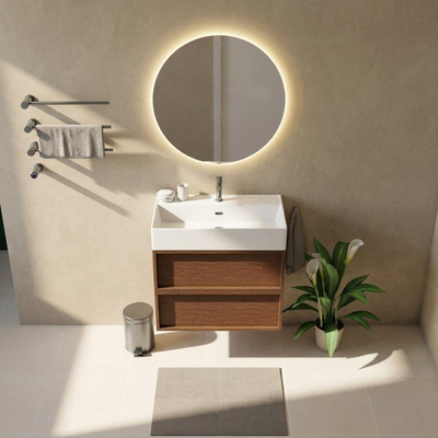 Saniclass Holz Frame Ensemble de meubles de salle de bains - 80x45x72cm - lavabo Legend en céramique blanc mat - 1 vasque - 1 trou de robinetterie - 2 tiroirs - noyer pur mat (bois)