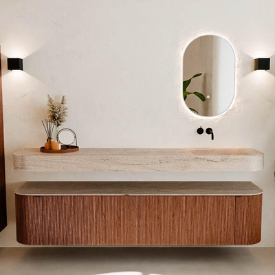 MONDIAZ THOR-DLUX Meuble de salle de bains - 200cm - arrondi gauche + droite - couleur Ruby - 2 tiroirs - 2 portes - Vasque suspendue CLOUD Droite sans trou de robinet - couleur Saba