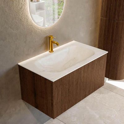 MONDIAZ KURVE-DLUX 80cm badmeubel kleur Walnut met 1 lade. Wastafel BIG SMALL midden 1 kraangat kleur Ostra.