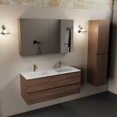 Mondiaz AIVY Ensemble de meuble - 120x45x50cm - 2 trous de robinet - 2 vasques Urban Solid surface - Gauche et droite - 2 tiroirs - avec armoire de toilette - Melamine Mocha