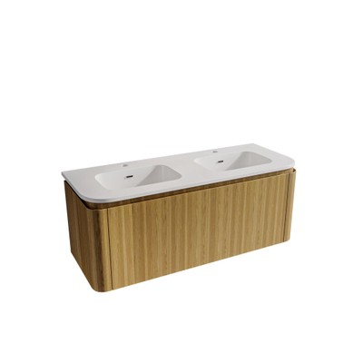 Saniclass Terra Badkamermeubelset - 120x42x45.5cm - keramische wastafel wit glans - 2 wasbakken - 2 kraangaten - 2 lades - Sandwood (licht eiken)