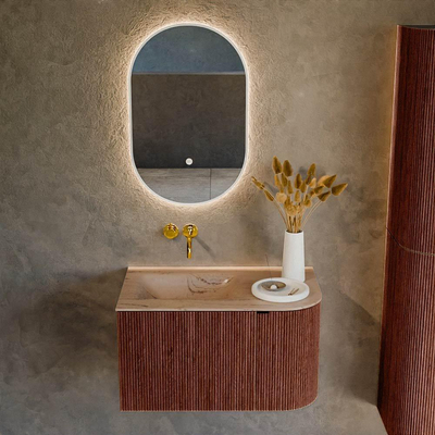 MONDIAZ KURVE-DLUX Meuble de salle de bains 75cm arrondi à droite couleur Ruby avec 1 tiroir et 1 porte. Lavabo GRUNNE gauche sans trou de robinet Arena.