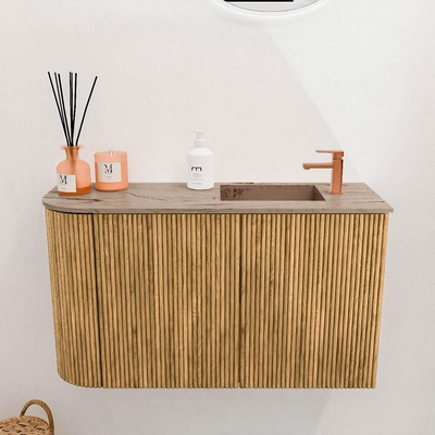 Mondiaz JOYA-DLUX 71.6cm toiletmeubel - ronding links kleur Oak - Wastafel FAYE positie Rechts 1 kraangat kleur Arena.