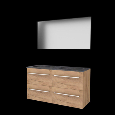 Basic-Line ensemble de meubles de salle de bain 120x46cm avec poignées 4 tiroirs pierre dure lavabo 0 trous de robinetterie miroir cadre aluminium noir mat tout autour mfc whisky oak