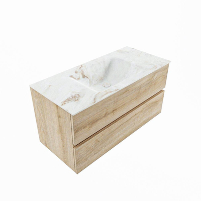 MONDIAZ VICA-DLUX Badkamermeubelset - 100cm - onderkast washed oak - 2 lades - inbouw wastafel cloud midden - zonder kraangaten - 60cm hoge versie - frape