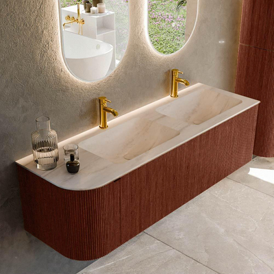 MONDIAZ KURVE-DLUX meuble de salle de bains 145cm arrondi à gauche couleur Ruby avec 1 tiroir et 1 porte. Lavabo LEAF double / droit 2 trous de robinetterie Meli.
