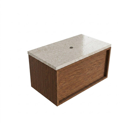 Saniclass Holz Frame Ensemble de meubles de salle de bains - 80x45x43cm - Plan en pierre naturelle travertin - sans trou de robinet - 1 tiroir - noyer pur mat (bois)