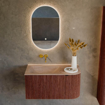 MONDIAZ KURVE-DLUX Meuble de salle de bains 85 cm arrondi droite couleur Ruby avec 1 tiroir et 1 porte. Lavabo CLOUD gauche sans trou de robinet Saba.