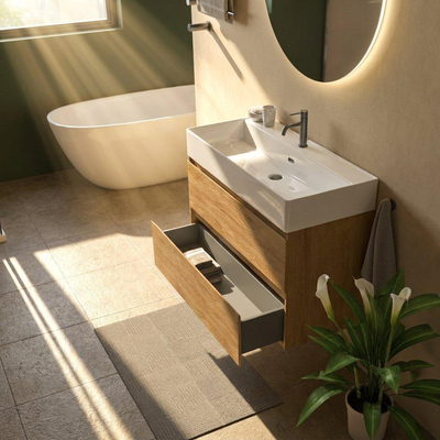 Saniclass Holz Pure Ensemble meuble de salle de bains - 100x45x72cm - Legend lavabo en céramique blanc - 1 vasque - 1 trou de robinetterie - 2 tiroirs - chêne natural mat (bois)