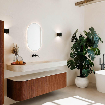 MONDIAZ THOR-DLUX 160cm meuble de salle de bains arrondi gauche + droite couleur Ruby avec 1 tiroir et 2 portes. Vasque suspendue CLOUD Milieu sans trou de robinet couleur Meli.