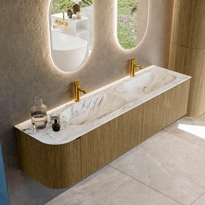 Mondiaz KURVE-DLUX Badkamermeubelset - 175x46x40cm - 2 lade - 1 deur - wastafel solid surface - dubbel / rechts - 2 kraangaten - Dusk