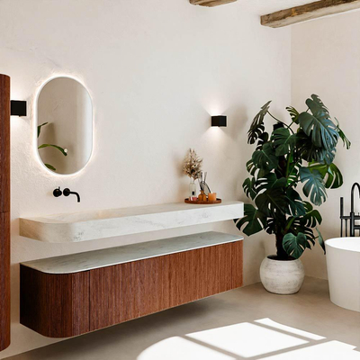 MONDIAZ THOR-DLUX Meuble de salle de bains - 190cm - arrondi gauche + droite - couleur Ruby - 2 tiroirs - 2 portes - Vasque suspendue CLOUD Gauche sans trou de robinet - couleur Opalo