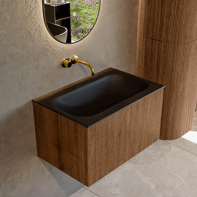 MONDIAZ KURVE 70cm Meuble salle de bain - couleur Walnut - 1 tiroir - vasque BIG SMALL centre - sans trous de robinet - Urban