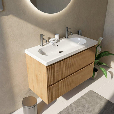 Saniclass Holz Atelier Ensemble meuble de salle de bains - 100x45x63,5cm - lavabo Palermo en céramique blanc - 1 vasque - 2 trous de robinetterie - 2 tiroirs - chêne natural mat (bois)