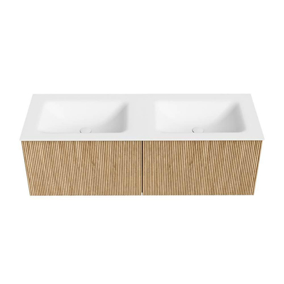 MONDIAZ KURVE Meuble de salle de bains 130 cm couleur Oak avec 2 tiroirs. Plan-vasque CLOUD double sans trou de robinetterie Talc.